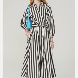 Kate Spade, Terrace Black & White Stripes Shirt Dress with Tie Waist